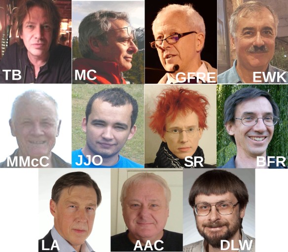 (C) CC-BY 2015 Thomas Buchert, Mauro Carfora, David Monniaux, Rocky Kolb, Malcolm MacCallum, Hirokazu Fujii, Kaisa Kangas, Magdalena Cechowska, Lars Andersson, Alan Coley, Duncan Shaw-Brown, Boud Roukema SUBJECT, AUTHOR(S), SOURCE, EXTRA PERMISSION INFO: Buchert, Tatjana Kumpf, private, CC-BY Carfora, Mauro Carfora, private, CC-BY Ellis, David Monniaux, https://commons.wikimedia.org/wiki/File:George_Ellis_0040.jpg, email approval of CC-BY Kolb, Edward W. (Rocky) Kolb, private, CC-BY MacCallum, Malcolm MacCallum, private, CC-BY Ostrowski, Hirokazu Fujii, private, CC-BY Räsänen, Kaisa Kangas, private, email approval of CC-BY Roukema, Magdalena Cechowska, private, CC-BY Andersson, Lars Andersson, https://cqgplus.com/wp-content/uploads/2015/09/bw-01-ausschnitt.jpg, CC-BY Coley, Alan Coley, private, CC-BY Wiltshire, Duncan Shaw-Brown, http://www2.phys.canterbury.ac.nz/~dlw24/DLW2014.jpg, email approval of CC-BY compilation: B. Roukema, CC-BY